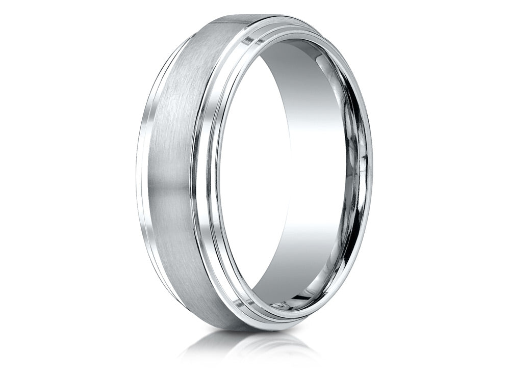Benchmark 18k Gold 8mm Comfort-fit Satin-finished Step Edge Carved Design Wedding Band Ring