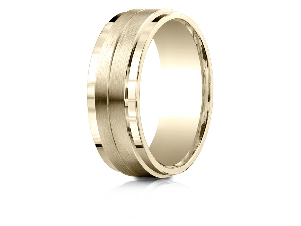 Benchmark 14k Gold 8mm Comfort-fit Drop Bevel Satin Center Design Wedding Band Ring