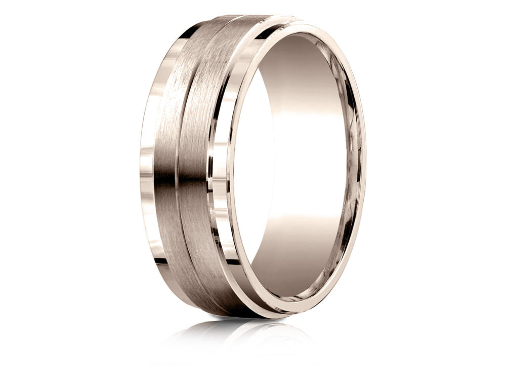 Benchmark 14k Rose Gold 8mm Comfort-fit Drop Bevel Satin Center Design Wedding Band Ring