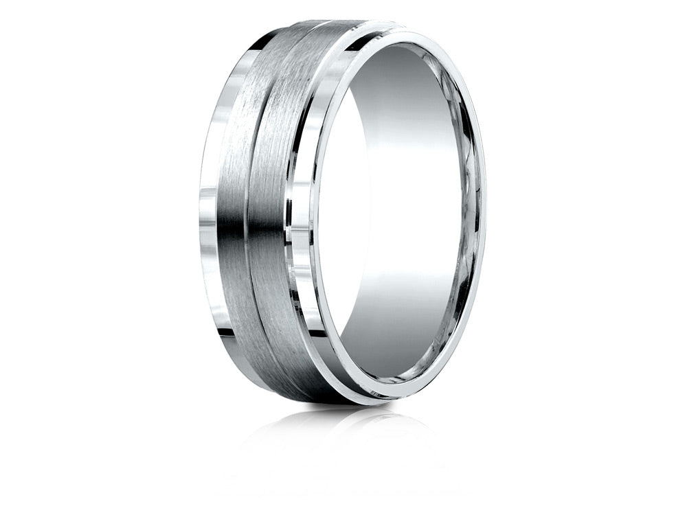 Benchmark 18k Gold 8mm Comfort-fit Drop Bevel Satin Center Design Wedding Band Ring