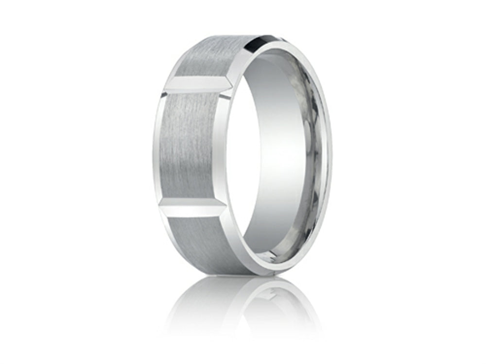 Benchmark 8mm Comfort-fit Satin-finished Grooves Carved Design Wedding Band Ring