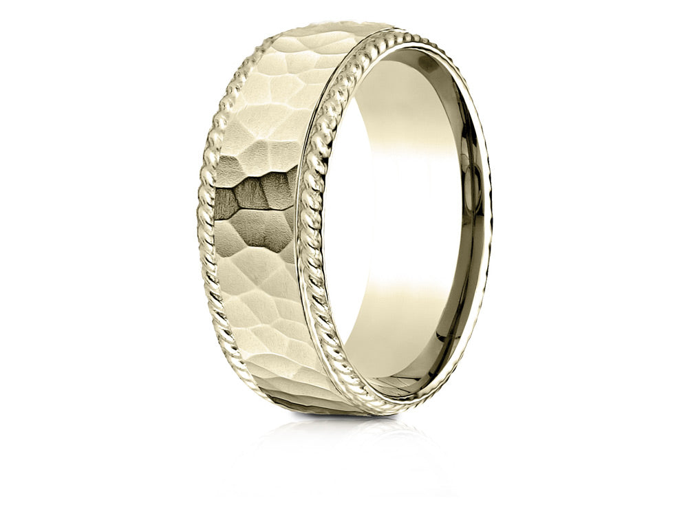 Benchmark 10k Gold 8mm Comfort-fit Rope Edge Hammered Finish Design Wedding Band Ring