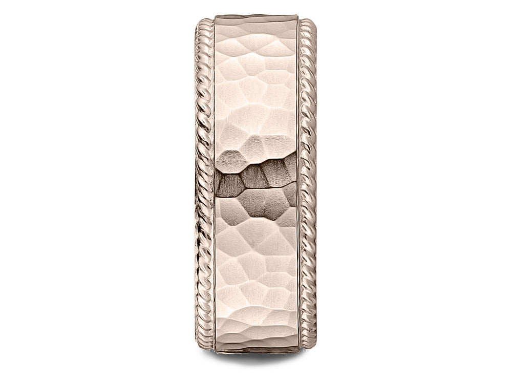 Benchmark 14k Rose Gold 8mm Comfort-fit Rope Edge Hammered Finish Design Wedding Band Ring