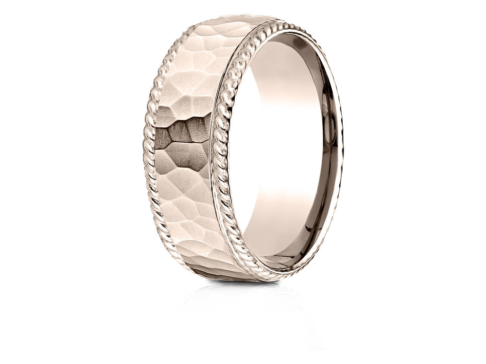 Benchmark 14k Rose Gold 8mm Comfort-fit Rope Edge Hammered Finish Design Wedding Band Ring