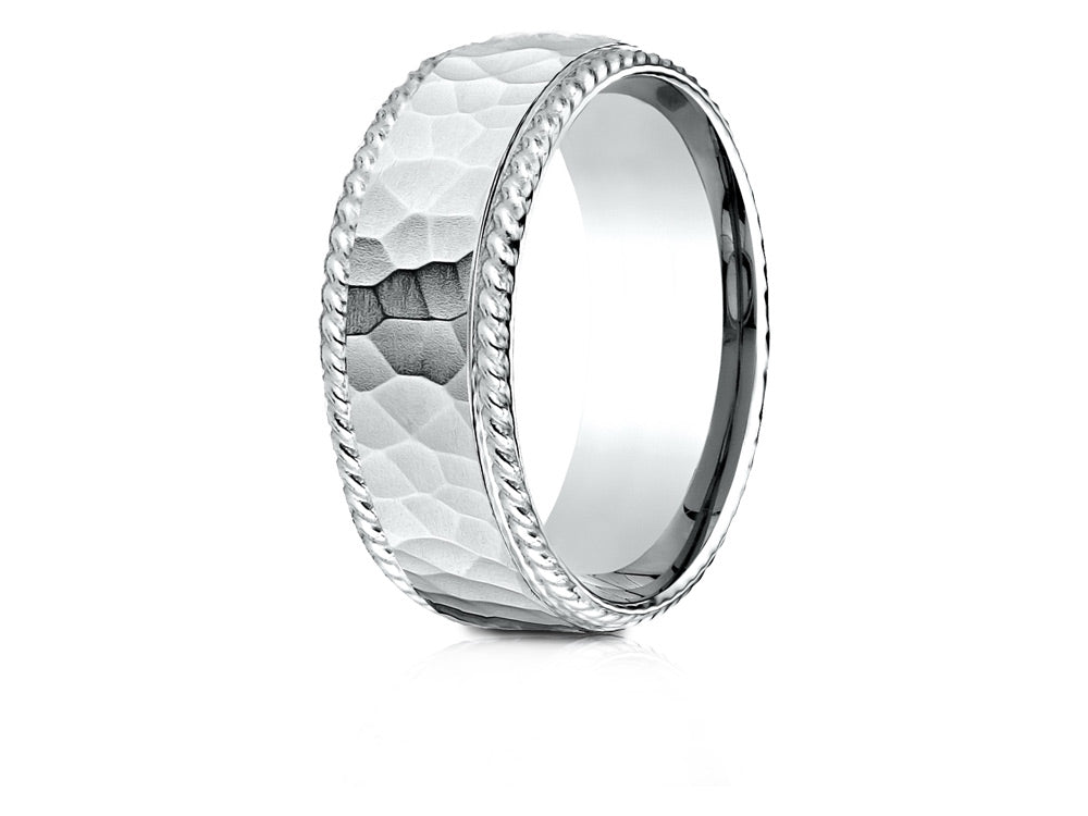 Benchmark 18k Gold 8mm Comfort-fit Rope Edge Hammered Finish Design Wedding Band Ring