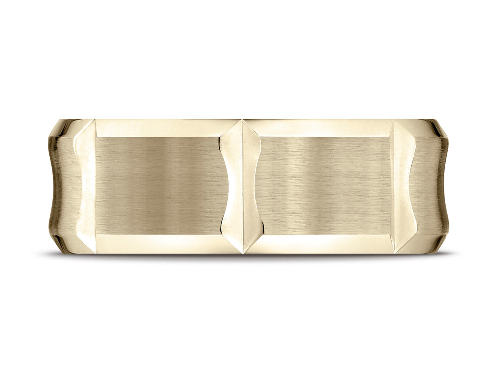 Benchmark 14k Gold 8mm Comfort-fit Satin-finished Beveled Edge Concave With Horizontal Cuts Carved Design Wedding Band