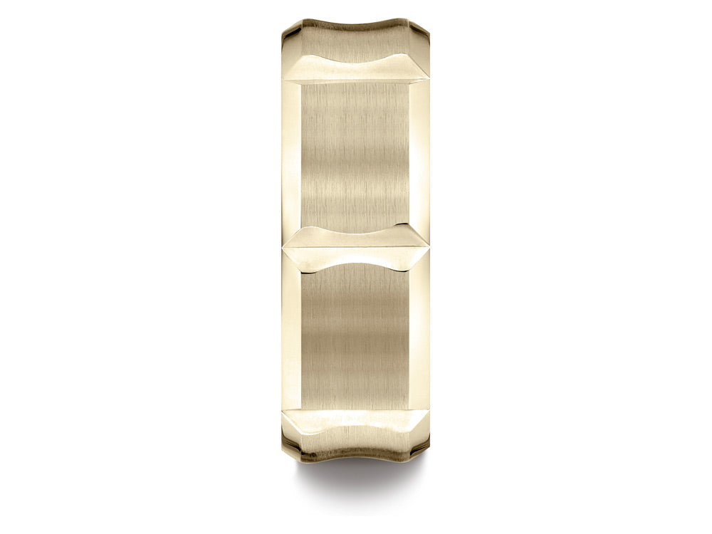 Benchmark 14k Gold 8mm Comfort-fit Satin-finished Beveled Edge Concave With Horizontal Cuts Carved Design Wedding Band