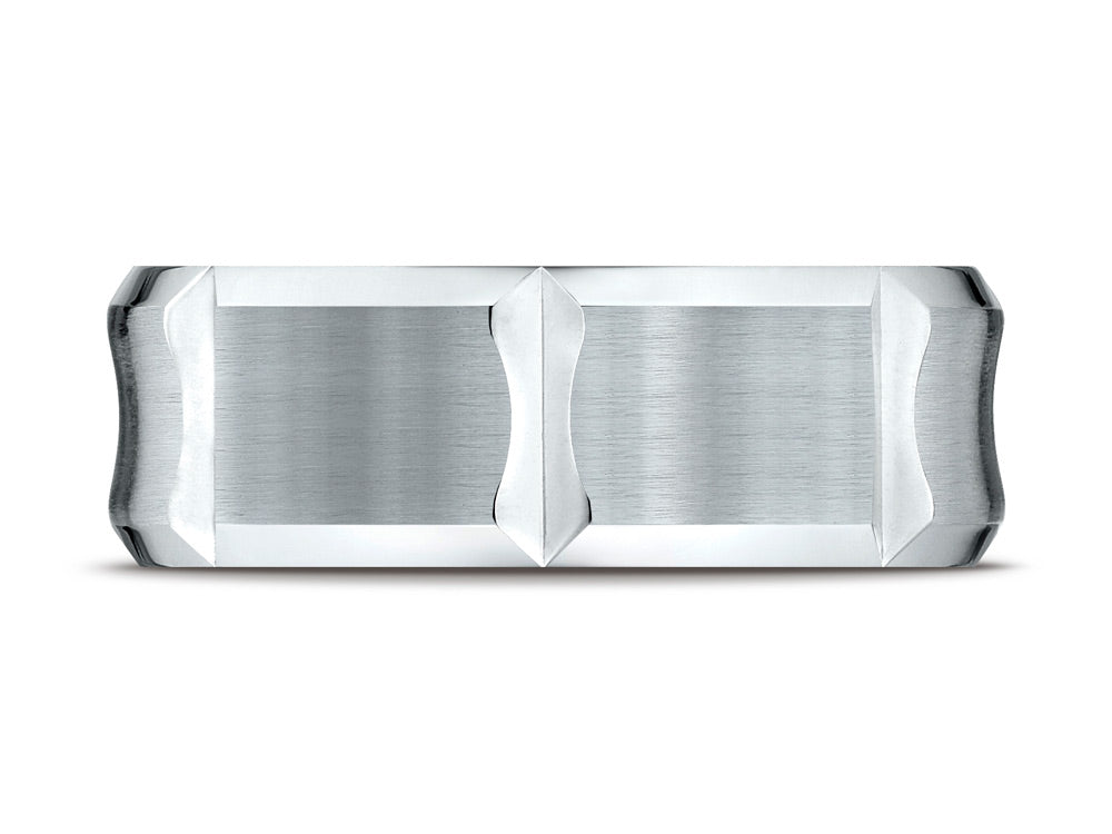 Benchmark 14k Gold 8mm Comfort-fit Satin-finished Beveled Edge Concave With Horizontal Cuts Carved Design Wedding Band