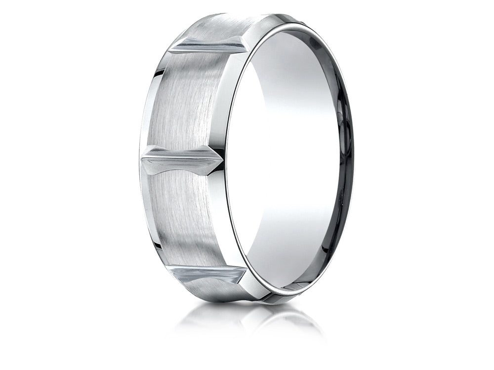 Benchmark 14k Gold 8mm Comfort-fit Satin-finished Beveled Edge Concave With Horizontal Cuts Carved Design Wedding Band