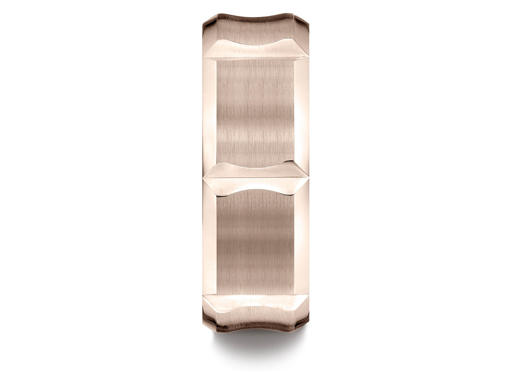 Benchmark 14k Rose Gold 8mm Comfort-fit Satin-finished Beveled Edge Concave Horizontal Cuts Wedding Band Ring