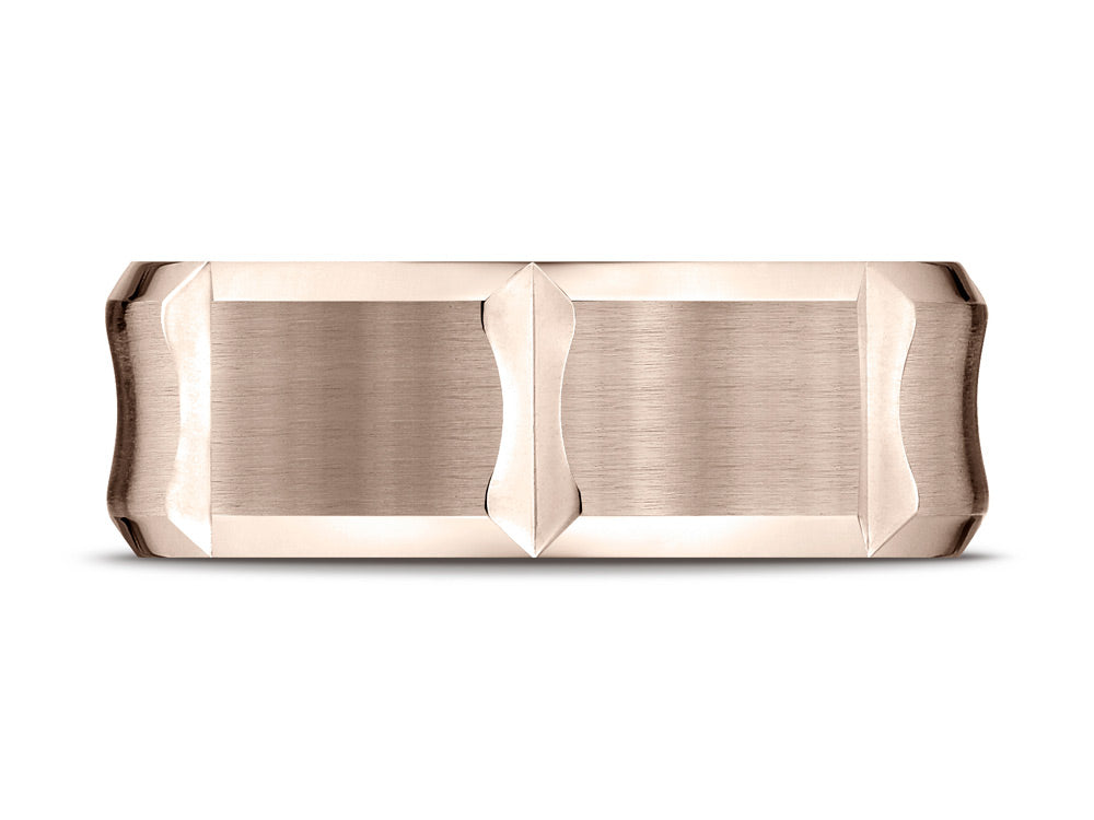 Benchmark 14k Rose Gold 8mm Comfort-fit Satin-finished Beveled Edge Concave Horizontal Cuts Wedding Band Ring