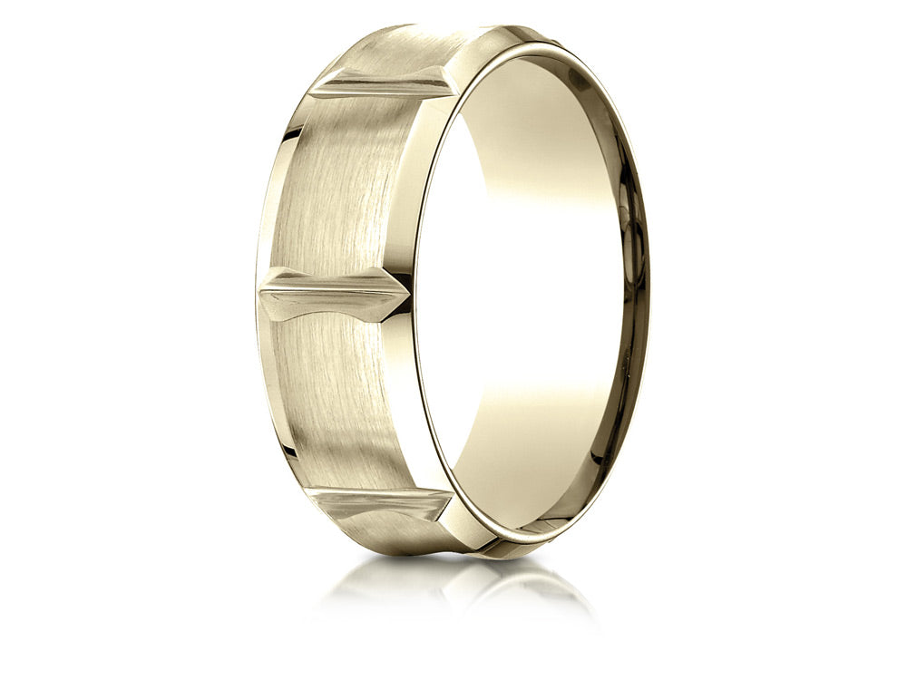 Benchmark 18k Gold 8mm Comfort-fit Satin-finished Beveled Edge Concave With Horizontal Cuts Carved Design Wedding Band