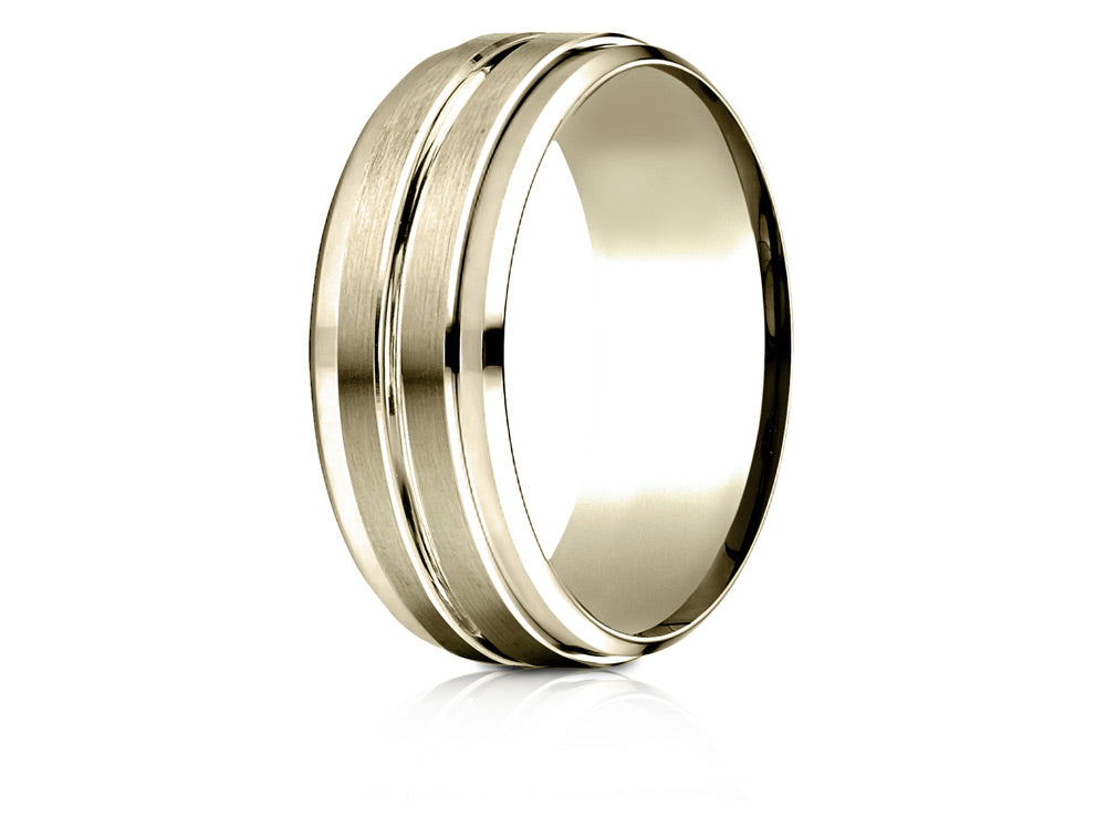 Benchmark 14k Gold 8mm Comfort-fit Drop Bevel Satin Center Cut Design Wedding Band Ring
