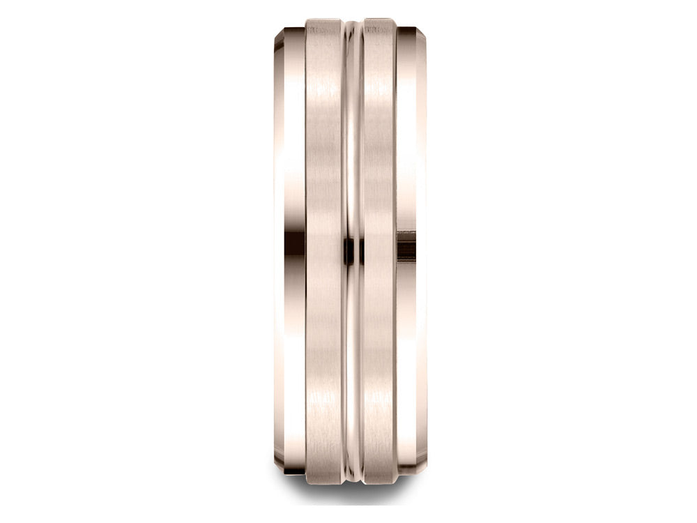 Benchmark 14k Rose Gold 8mm Comfort-fit Drop Bevel Satin Center Cut Design Wedding Band Ring