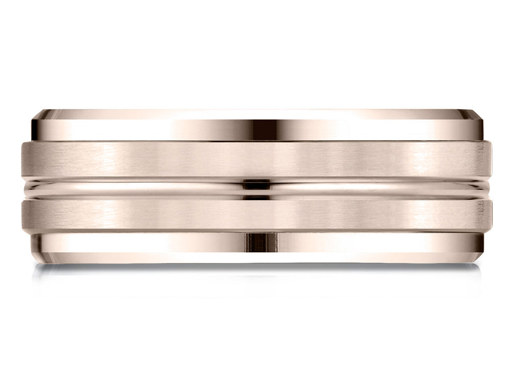 Benchmark 14k Rose Gold 8mm Comfort-fit Drop Bevel Satin Center Cut Design Wedding Band Ring