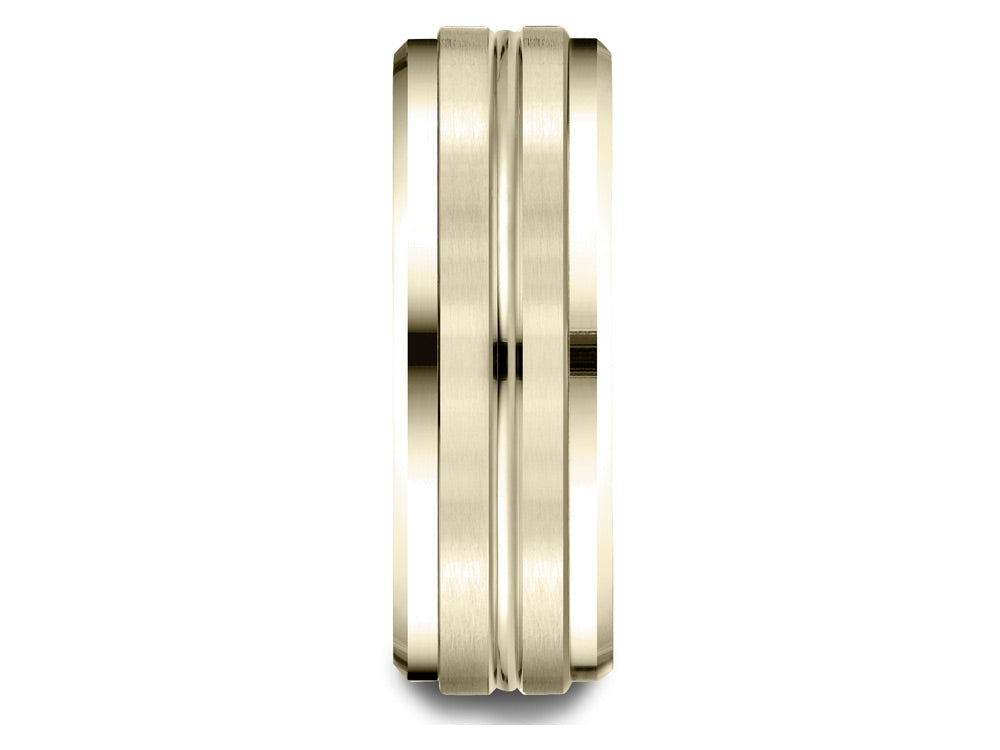 Benchmark 18k Gold 8mm Comfort-fit Drop Bevel Satin Center Cut Design Wedding Band Ring