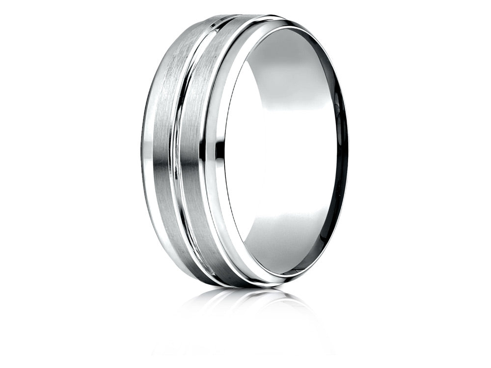 Benchmark 18k Gold 8mm Comfort-fit Drop Bevel Satin Center Cut Design Wedding Band Ring