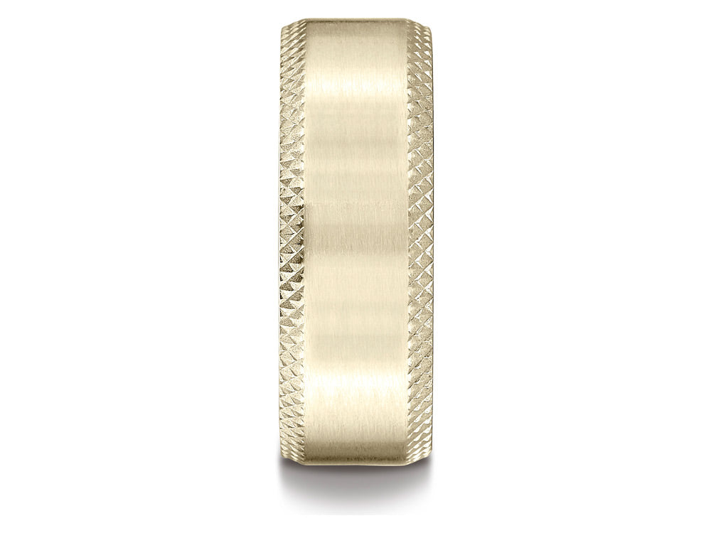 Benchmark 14k Gold 8mm Comfort-fit Satin-finished Cross Hatched Beveled Edge Carved Design Wedding Band Ring
