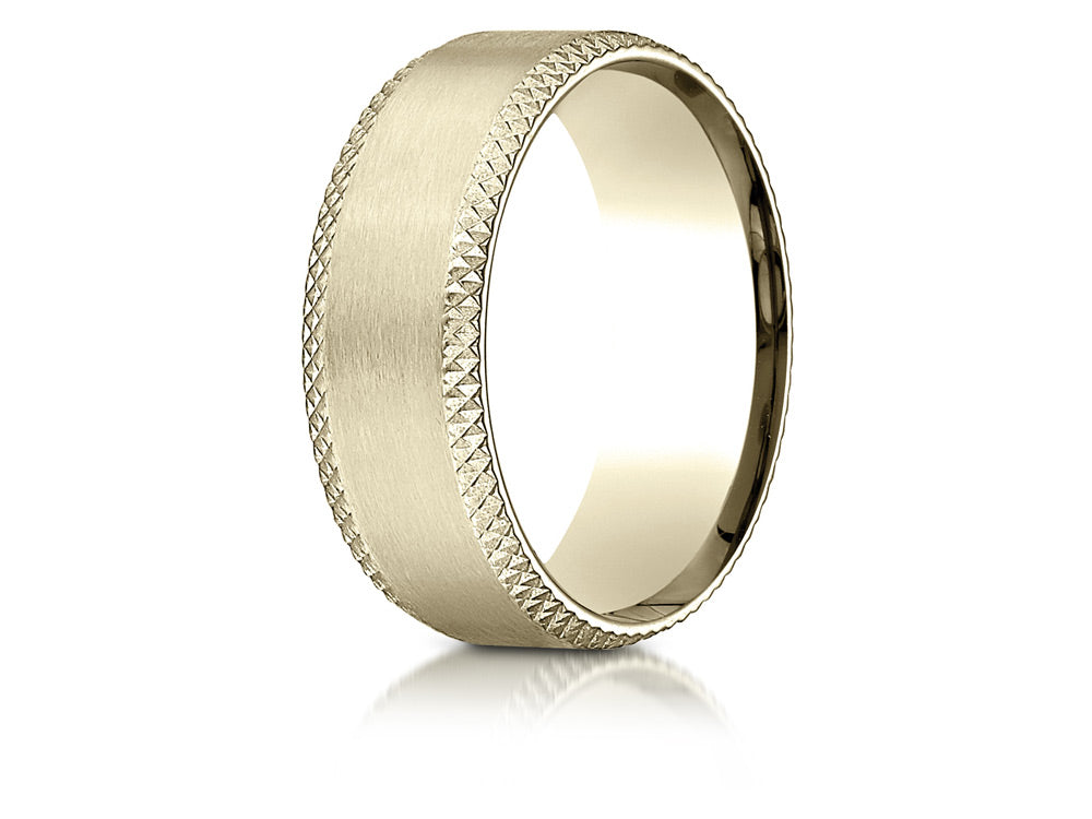 Benchmark 14k Gold 8mm Comfort-fit Satin-finished Cross Hatched Beveled Edge Carved Design Wedding Band Ring