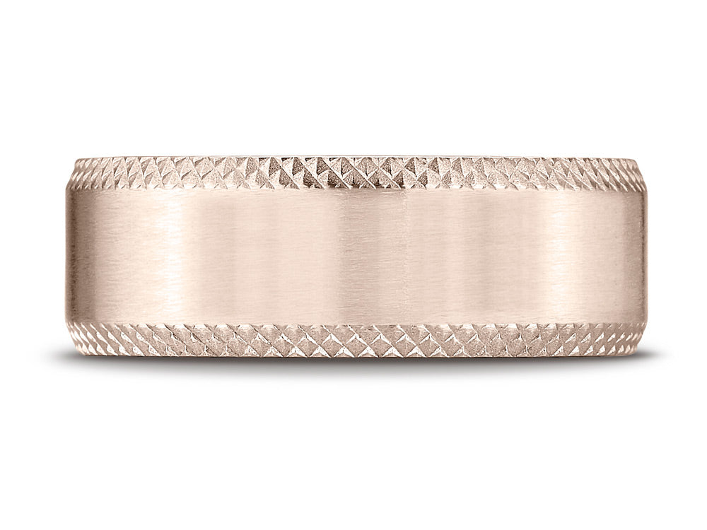 Benchmark 14k Rose Gold 8mm Comfort-fit Satin-finished Cross Hatched Beveled Edge Carved Design Wedding Band Ring