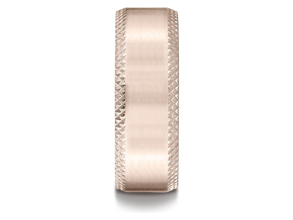 Benchmark 14k Rose Gold 8mm Comfort-fit Satin-finished Cross Hatched Beveled Edge Carved Design Wedding Band Ring