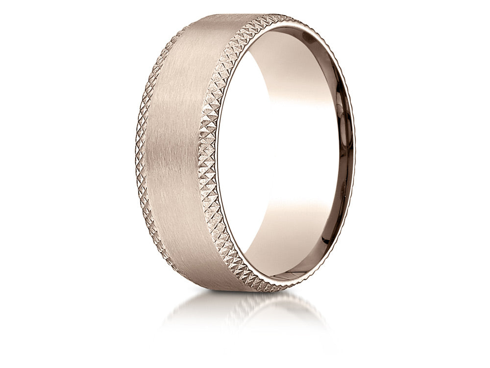 Benchmark 14k Rose Gold 8mm Comfort-fit Satin-finished Cross Hatched Beveled Edge Carved Design Wedding Band Ring