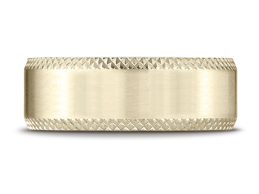 Benchmark 18k Gold 8mm Comfort-fit Satin-finished Cross Hatched Beveled Edge Carved Design Wedding Band Ring