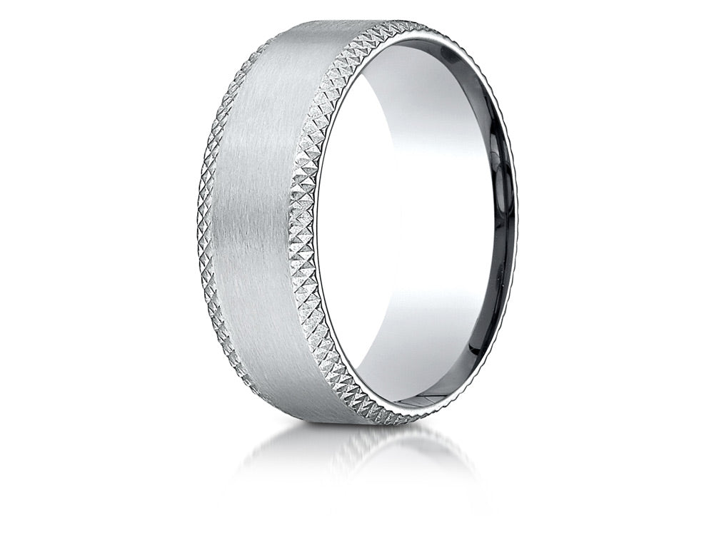Benchmark 14k Gold 8mm Comfort-fit Satin-finished Cross Hatched Beveled Edge Carved Design Wedding Band Ring