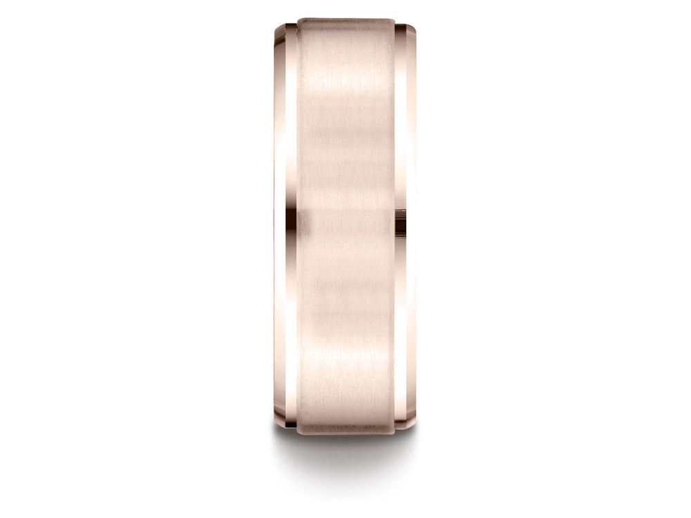 Benchmark 14k Rose Gold 8mm Comfort-fit Satin-finished Drop Beveled Edge Carved Design Wedding Band Ring