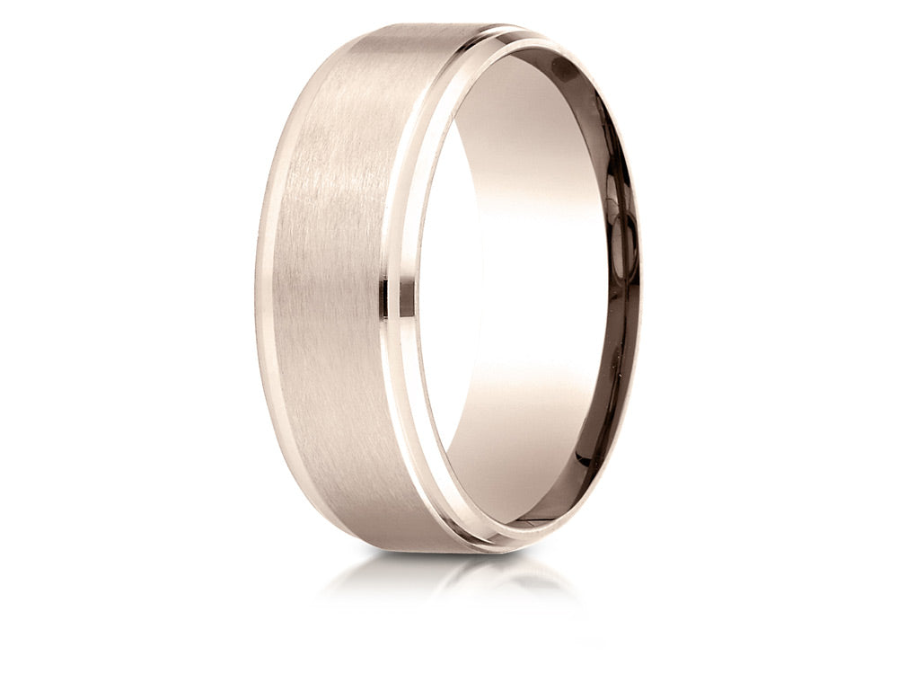 Benchmark 14k Rose Gold 8mm Comfort-fit Satin-finished Drop Beveled Edge Carved Design Wedding Band Ring