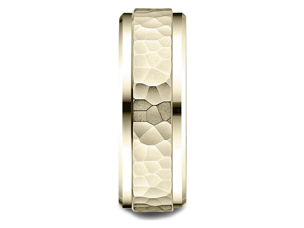 Benchmark 14k Gold 8mm Comfort-fit Drop Bevel Hammered Finish Design Wedding Band Ring