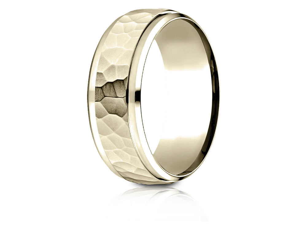 Benchmark 10k Gold 8mm Comfort-fit Drop Bevel Hammered Finish Design Wedding Band Ring