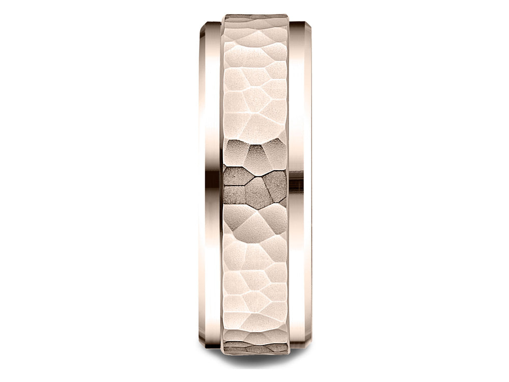 Benchmark 14k Rose Gold 8mm Comfort-fit Drop Bevel Hammered Finish Design Wedding Band Ring