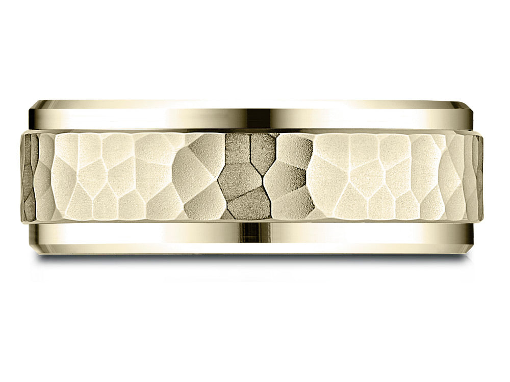 Benchmark 18k Gold 8mm Comfort-fit Drop Bevel Hammered Finish Design Wedding Band Ring