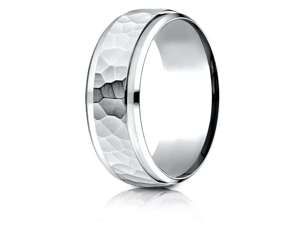 Benchmark 14k Gold 8mm Comfort-fit Drop Bevel Hammered Finish Design Wedding Band Ring