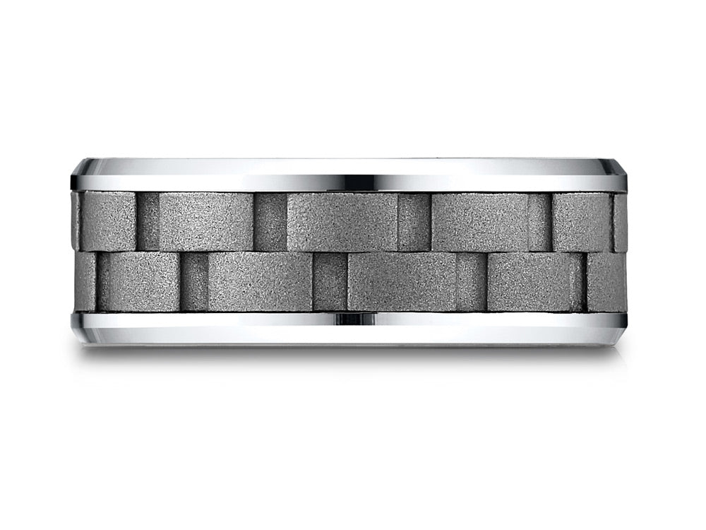 Benchmark 8mm Cobalt Chrome Comfort-Fit Beveled Edge Sandblasted Link Pattern Design Ring
