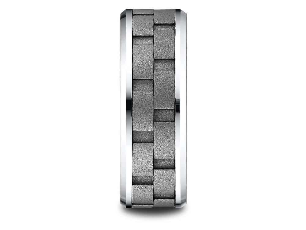 Benchmark 8mm Cobalt Chrome Comfort-Fit Beveled Edge Sandblasted Link Pattern Design Ring