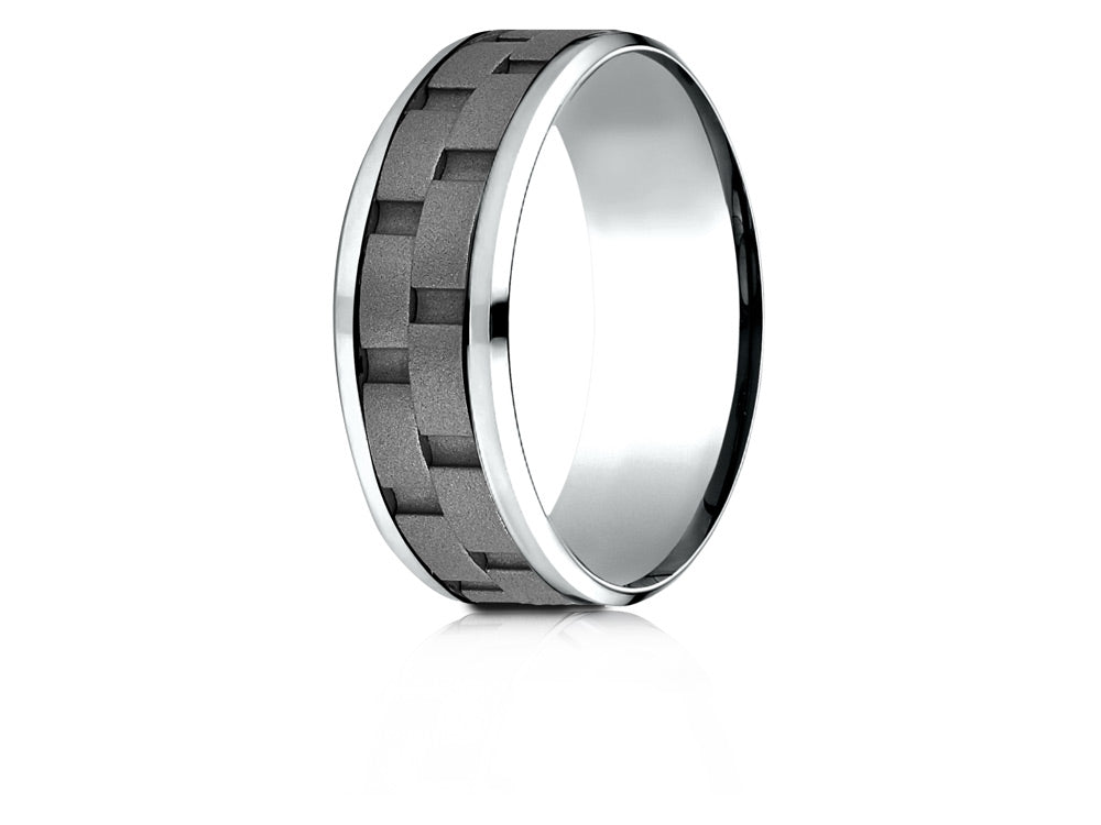 Benchmark 8mm Cobalt Chrome Comfort-Fit Beveled Edge Sandblasted Link Pattern Design Ring