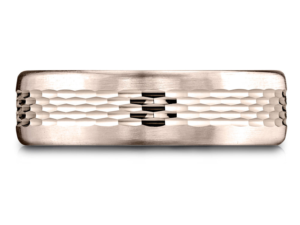 Benchmark 14 Karat Rose Gold 6.5mm Comfort-fit Mesh Center Satin Finish Edge Design Wedding Band Ring