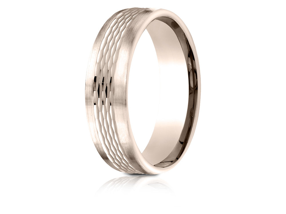 Benchmark 14 Karat Rose Gold 6.5mm Comfort-fit Mesh Center Satin Finish Edge Design Wedding Band Ring
