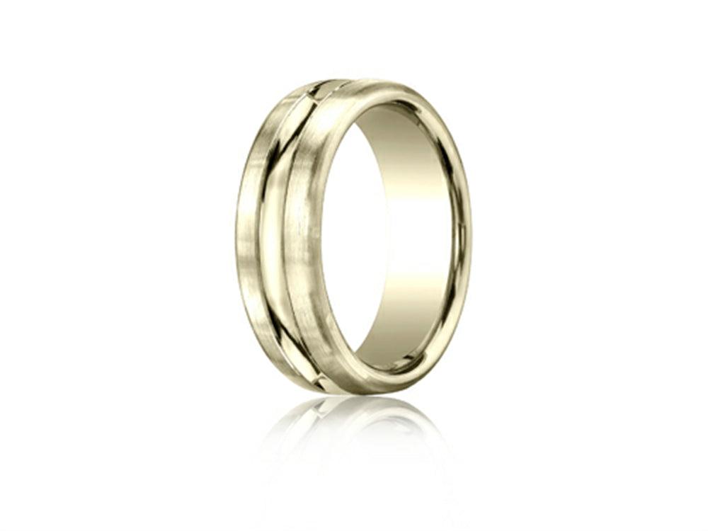 Benchmark 7.5mm Comfort-fit Satin-finished High Polished Center Cut Carved Design Wedding Band Ring