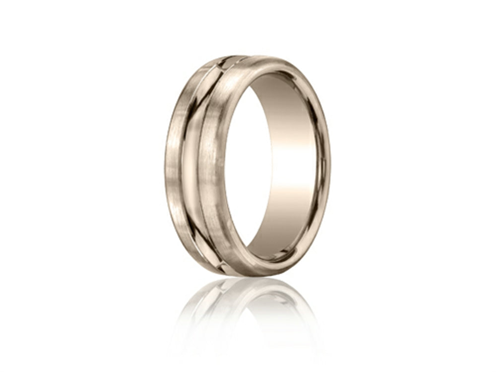 Benchmark 7.5mm Comfort-fit Satin-finished High Polished Center Cut Carved Design Wedding Band Ring