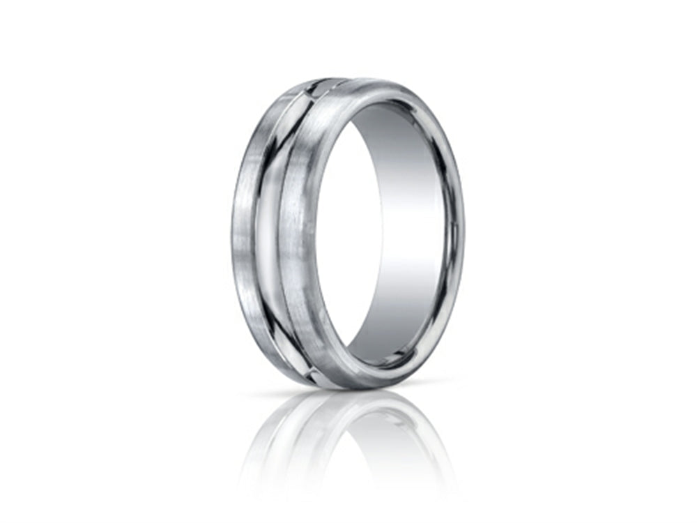 Benchmark 7.5mm Comfort-fit Satin-finished High Polished Center Cut Carved Design Wedding Band Ring
