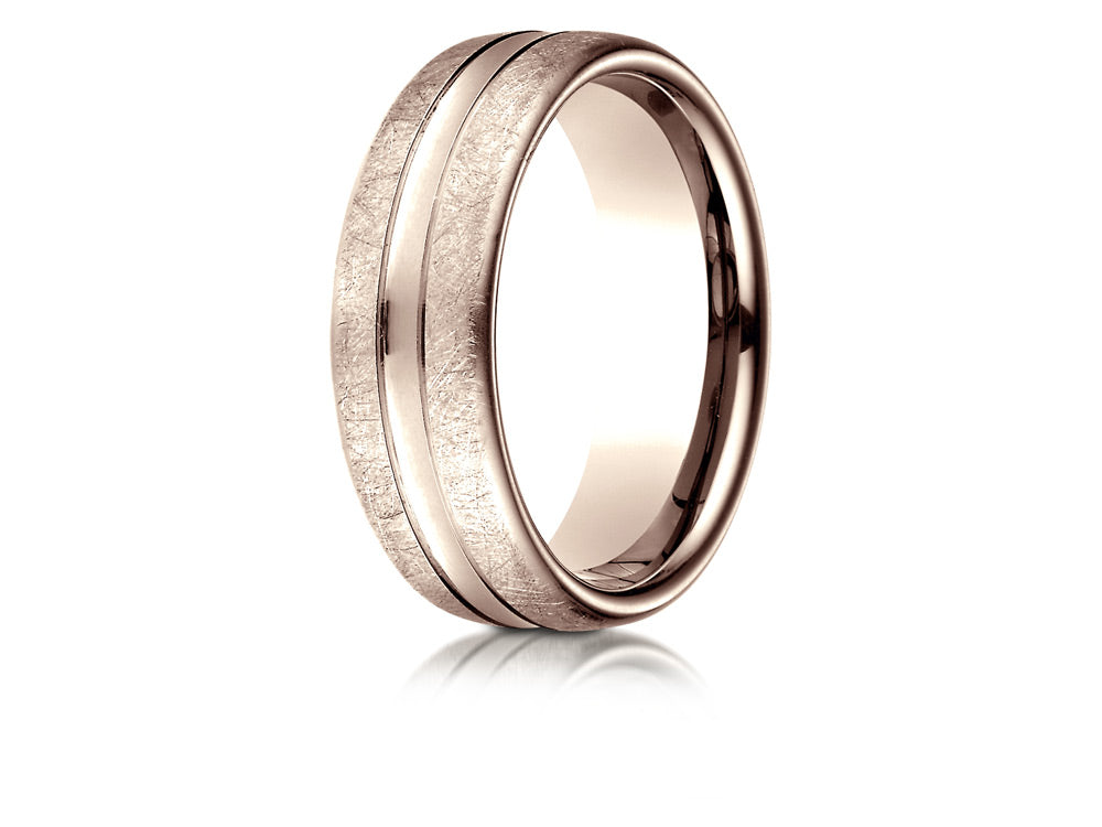 Benchmark 14k Rose Gold 7.5 Mm Comfort Fit Swirled Finish Center Convex Cut Design Wedding Band Ring