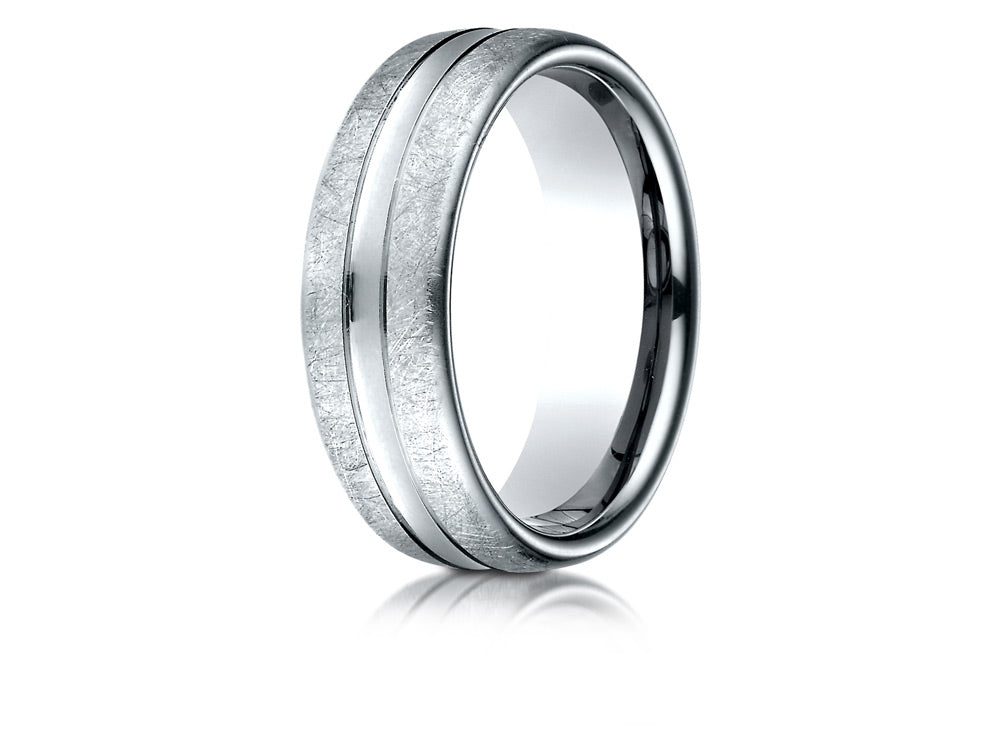 Benchmark 18k Gold 7.5 Mm Comfort Fit Swirled Finish Center Convex Cut Design Wedding Band Ring
