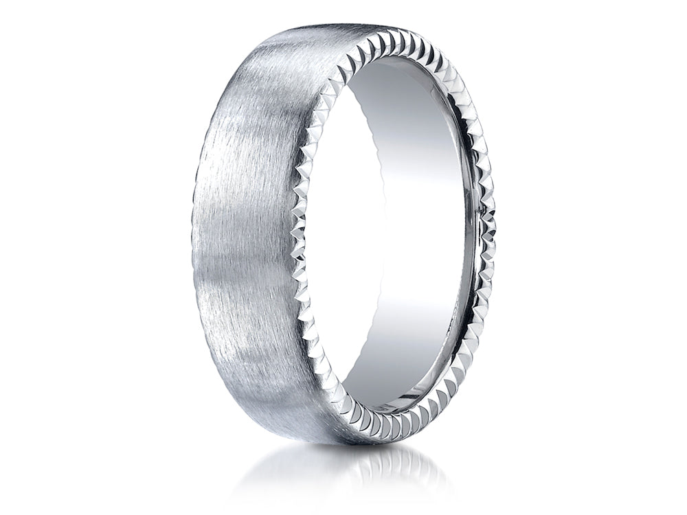 Benchmark 4.5mm Comfort-fit Satin-finished Rivet Coin Edging Carved Design Wedding Band Ring