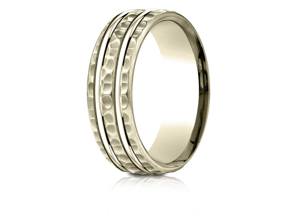 Benchmark 14 Karat Gold 7.5mm Comfort-fit Hammered Finish Double High Polish Cut Design Wedding Band Ring