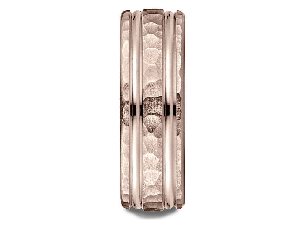 Benchmark 14 Karat Rose Gold 7.5mm Comfort-fit Hammered Finish Double High Polish Cut Design Wedding Band Ring