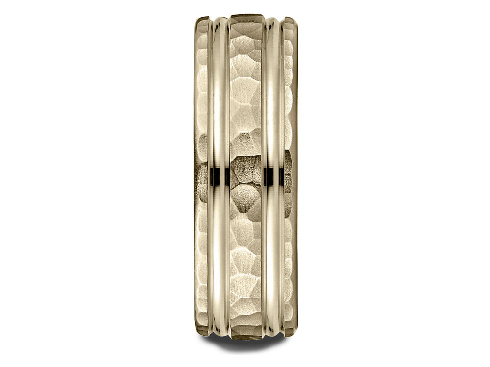 Benchmark 18 Karat Gold 7.5mm Comfort-fit Hammered Finish Double High Polish Cut Design Wedding Band Ring