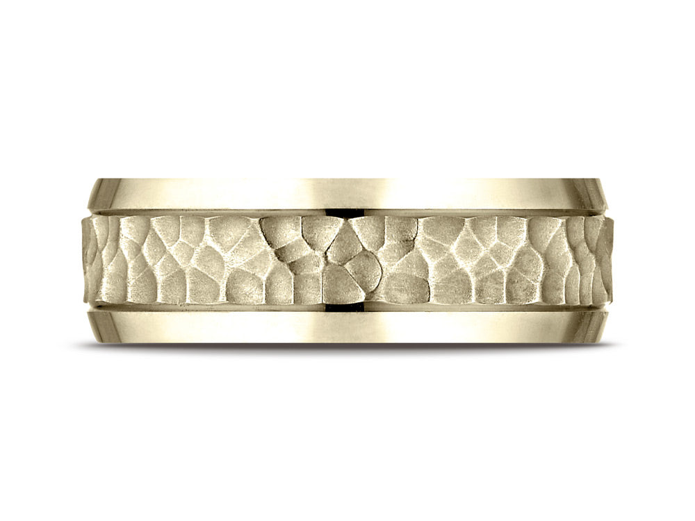 Benchmark 14k Gold 7.5mm Comfort Fit Hammered Finish Beveled Edge Design Wedding Band Ring